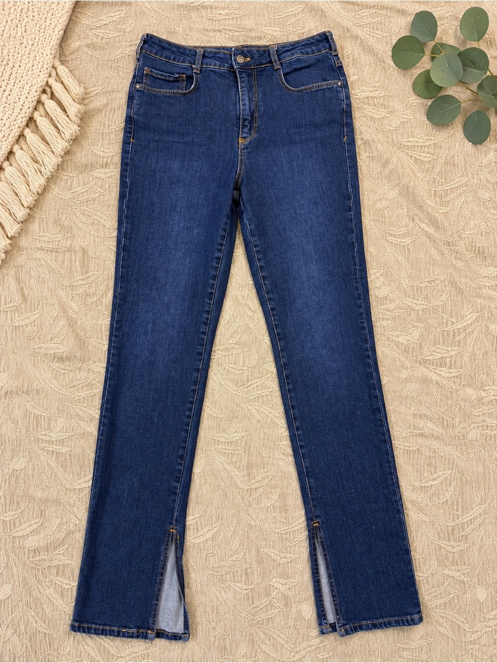 Anthropologie Pilcro Women's Dark Blue Straight-Leg Jeans with Front Slit
